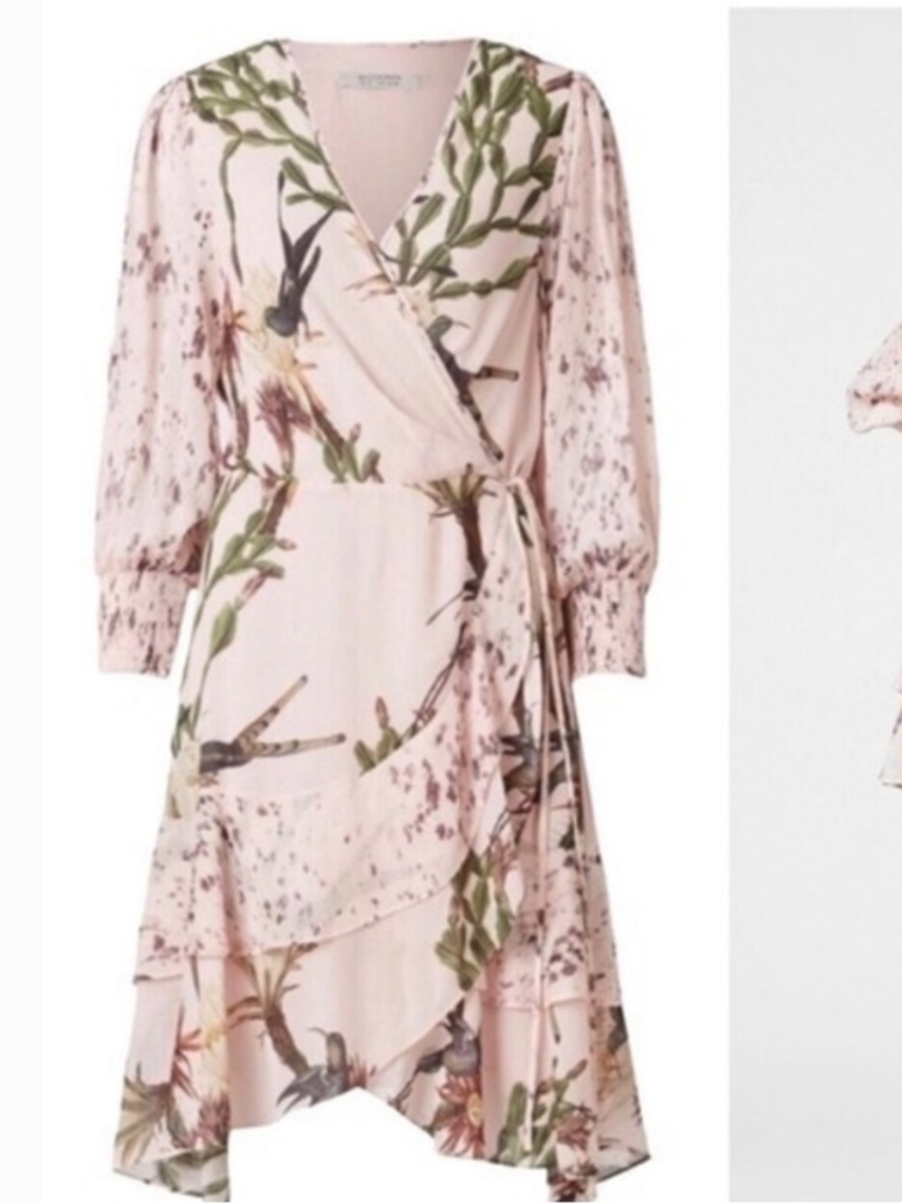 All Saints Ari Nolina Floral Wrap Crape Midi Dress in Pale Pink size 10
